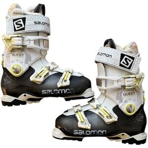 Salomon Winter White and Black with Neon Yellow Downhill Ski Boots Size 26